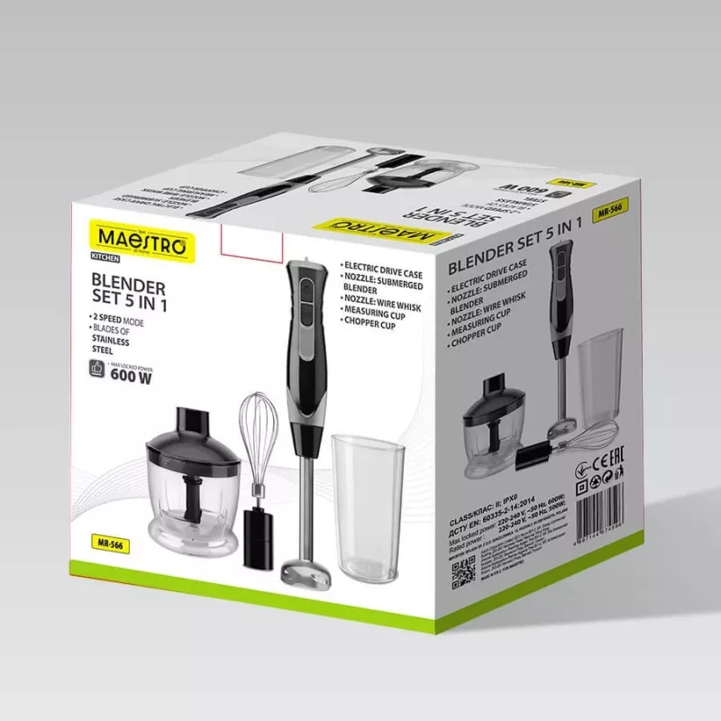 Panardintuvas Maestro MR-566, 500 W, 2 greičiai, turbo, plaktuvas, smulkintuvas 600 ml, laikymo indas 900 ml, nerūdijantis plienas