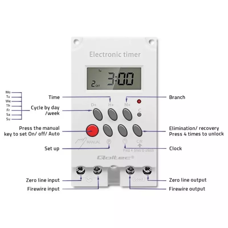 Elektroninis laikmatis DIN bėgiui QOLTEC PC0629 — 24V maitinimas, 16A išėjimas