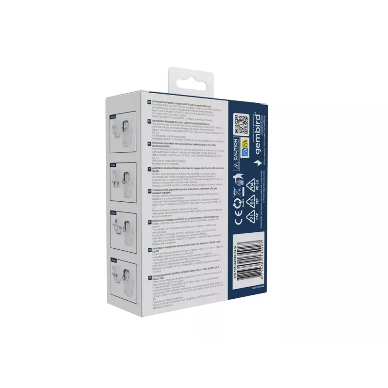 Sieninis kelioninis adapteris GEMBIRD TPA-1A2C20-02-W 20W — 1×USB-A + 2×USB-C, G tipo kištukas, 100–250V, baltas