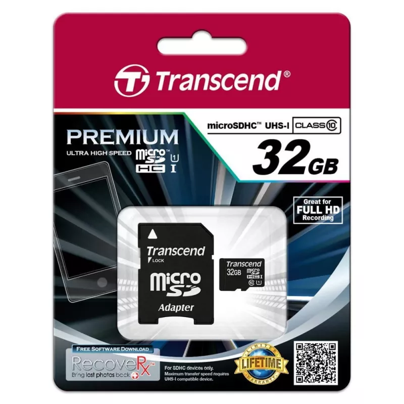 Transcend TS32GUSDU1 32GB microSDHC Class 10 UHS-I atminties kortelė su adapteriu