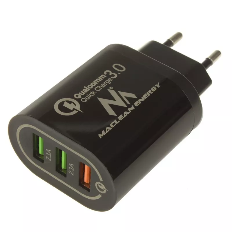 USB sieninis įkroviklis MACLEAN MCE479B – 3x USB prievadai, 18 W bendra galia, kompaktiškas