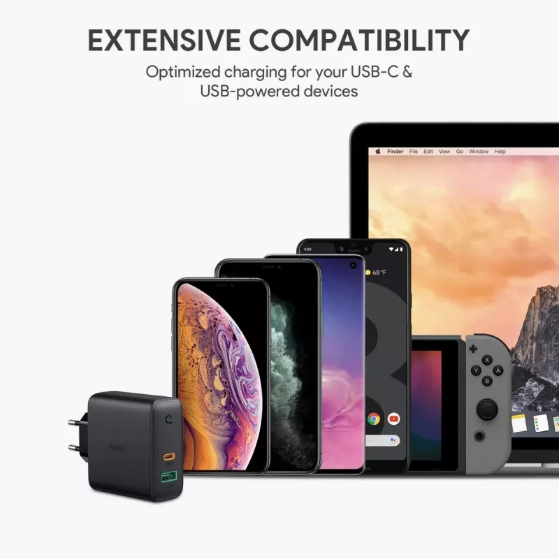 Aukey PA-D3 Sieninis įkroviklis 2xUSB Power Delivery (1xUSB + 1xUSB C) 5.4A 60W Dynamic Detect