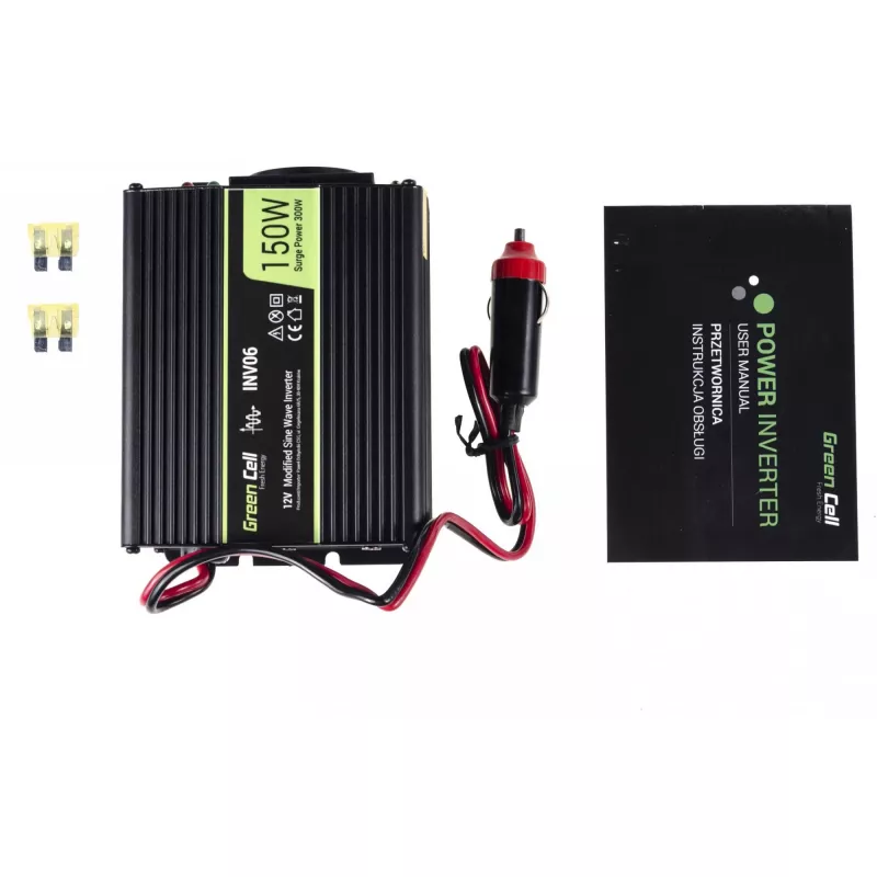 Inverter Green Cell INV06 12V į 230V 150W 50Hz C tipo kištukas, 85% efektyvumas, juoda