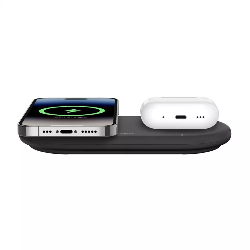 Belkin WIZ021VFBK - 2-in-1 belaidžio įkrovimo stotelė su Qi2 technologija 15 W, juoda