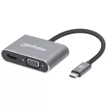 Manhattan USB-C dokų stotelė / šakotuvas, 4 prievadai: HDMI, USB-A, USB-C ir VGA, su Power Delivery (PD) 87W, aliuminis