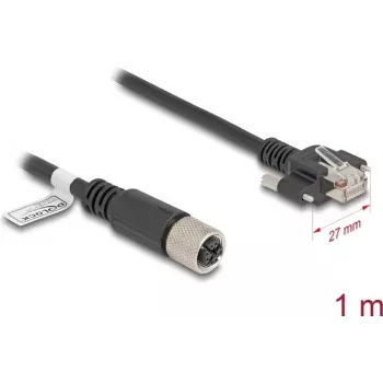 Tinklo kabelis DeLOCK M12 X-koduotas 8 kontaktų moteriškas į RJ45 kištuką Cat.6A 1 m juodas