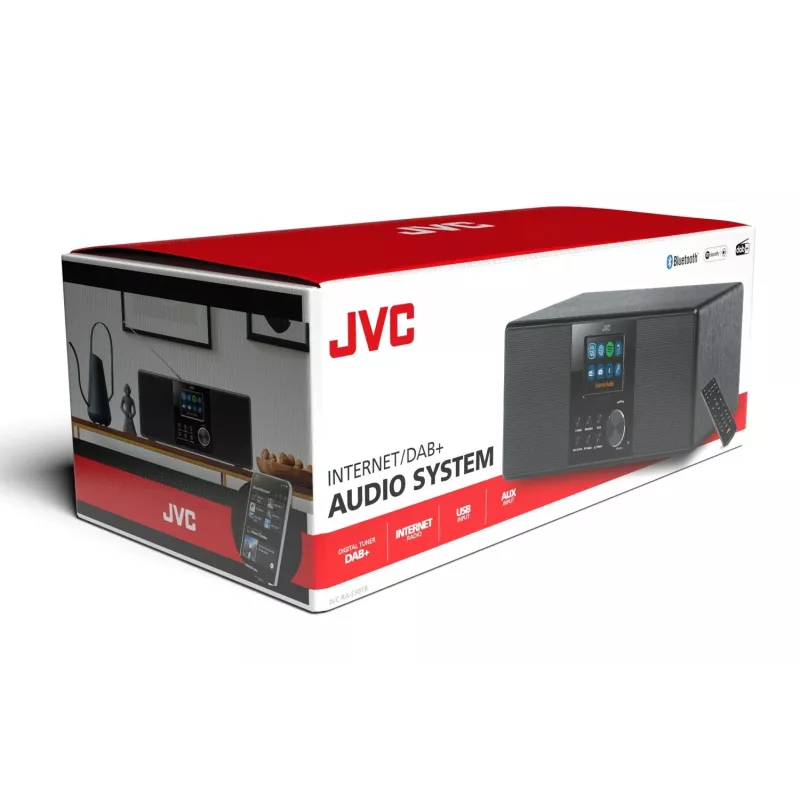 Internetinis radijas JVC RA-E981B – Wi‑Fi ir Bluetooth srautinis perdavimas, DAB+, FM, 2x5W, 40 išankstinių nustatymų, USB, AUX, LCD ekranas