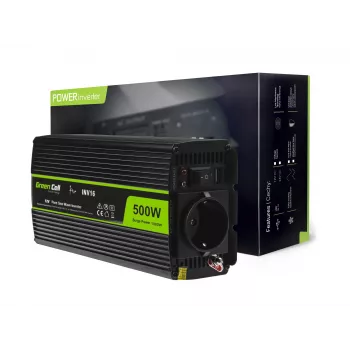 Automobilinis keitiklis Green Cell INV16 500 W, 12 V DC į 230 V AC, 50 Hz, USB prievadas, aktyvus aušinimas, juodas