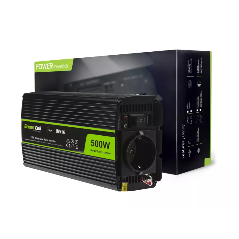 Automobilinis keitiklis Green Cell INV16 500 W, 12 V DC į 230 V AC, 50 Hz, USB prievadas, aktyvus aušinimas, juodas