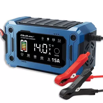 Protingas 12V 15A įkroviklis QOLTEC su mikroprocesoriumi ir LCD – AGM, GEL, SLA, EFB, LiFePO4 akumuliatoriams