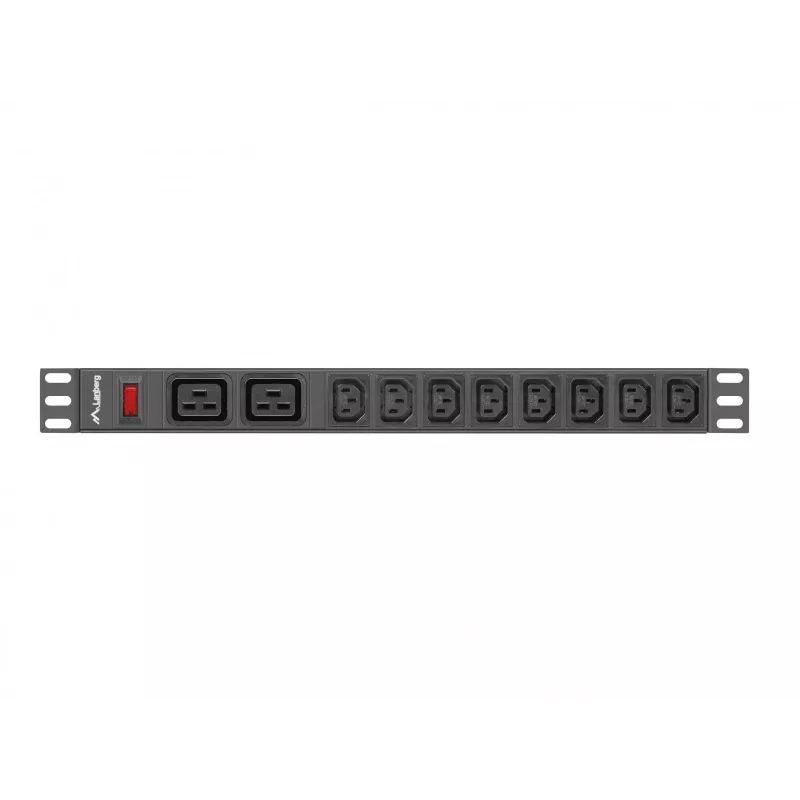 LANBERG PDU-02I1908I-0200-C20-BK stovo maitinimo skirstytuvas — 1U, 10×C13, 16A, 2 m laidas, 19 colių