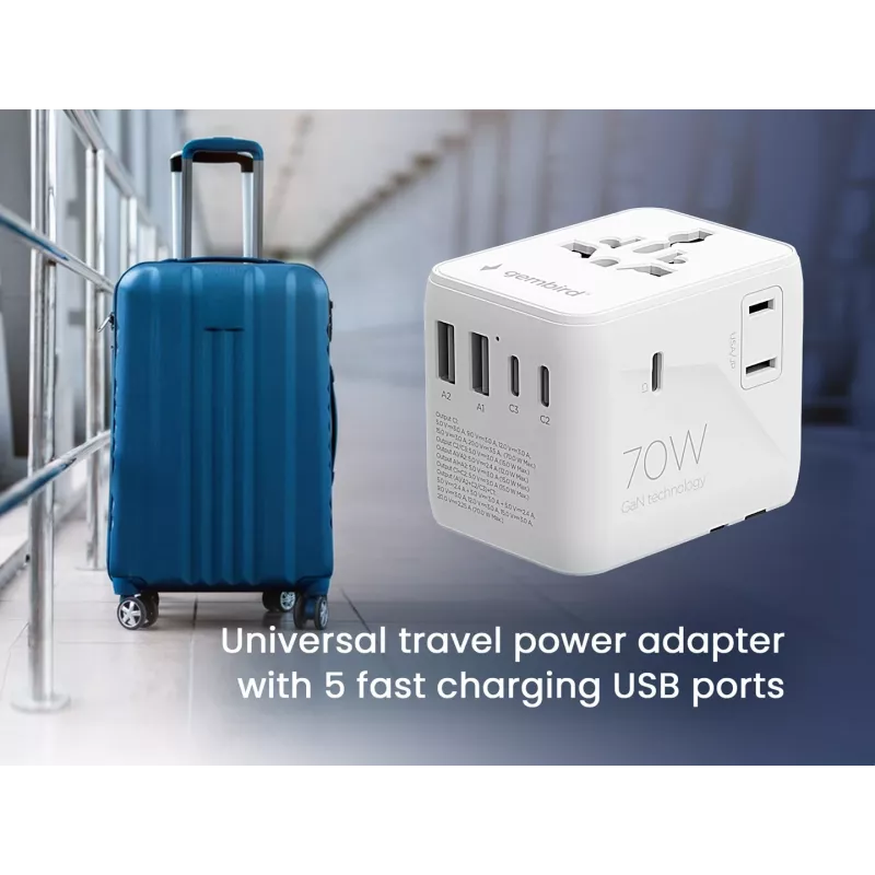 Keliautojų adapteris GEMBIRD TPA-2A3C70-01-W — I tipo kištukas, 3× USB-C (70W), 2× USB-A (18W), 100–250V, baltas