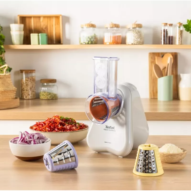 Elektrinė daržovių tarkavimo mašina Tefal Fresh Express DN853BE0 — 150 W, 3 keičiami antgaliai, 1 greitis, kreminė