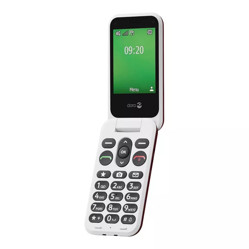 Doro Leva E22 sulankstomas telefonas, 2,8 colio (7,11 cm) ekranas, viena SIM, 0,3 MP kamera, 1150 mAh, 127,8 g, raudonai baltas