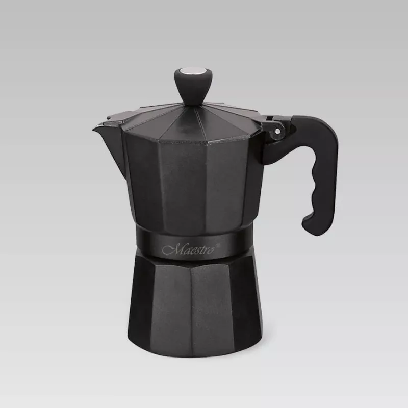 Moka puodas Maestro MR-1666-3-BLACK, rankinis 3 porcijų aliumininis kavos virimo aparatas, 150 ml, juodas