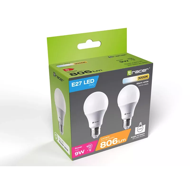 Energiją taupanti LED lempa Tracer TRAZAR46501, E27, 9W, 806 lm, 3000 K, šilta balta