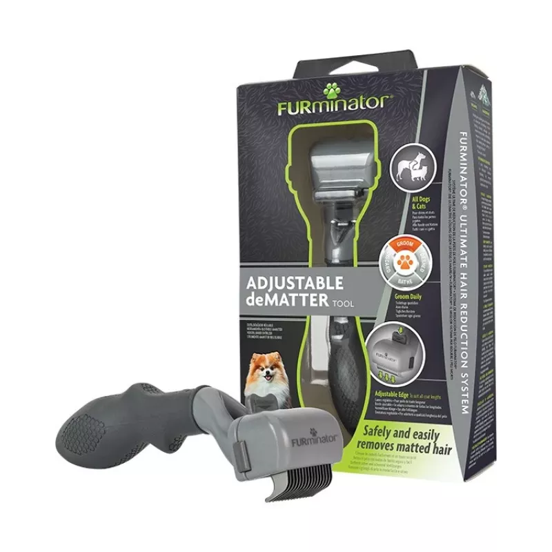 Iškaršymo įrankis FURminator Adjustable katėms ir šunims – nerūdijančio plieno ašmenys, ergonomiška neslystanti rankena, 185 g, visų tipų kailiams
