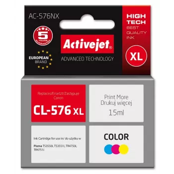 Kasetė su rašalu ActiveJet AC-576NX suderinama su Canon CL-576XL High (XL) išeiga, dažų tipo geltona/raudona/mėlyna, 15 ml