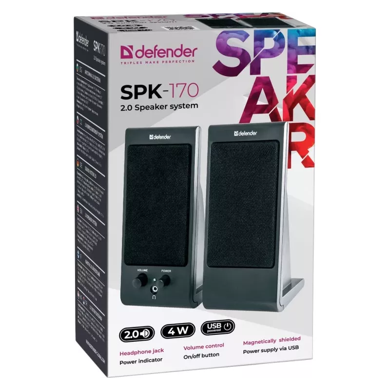Staliniai garsiakalbiai DEFENDER SPK-170 2.0, 4 W RMS, laidinis USB 5 V, 3,5 mm, juodi