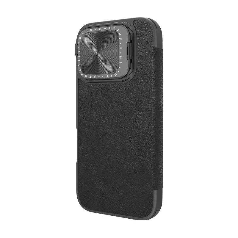 Telefono dėklas Nillkin Qin Prop Leather, iPhone 16, juoda oda, kortelių kišenė