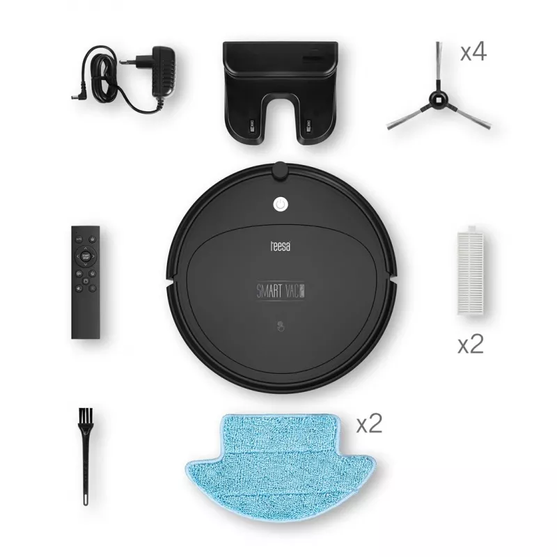 Robotas dulkių siurblys TEESA Smart VAC 2 – apvalus, juodas, 1000 Pa, 9,6 V/2000 mAh Li, 0,2 l, Wi-Fi, automatinis grįžimas