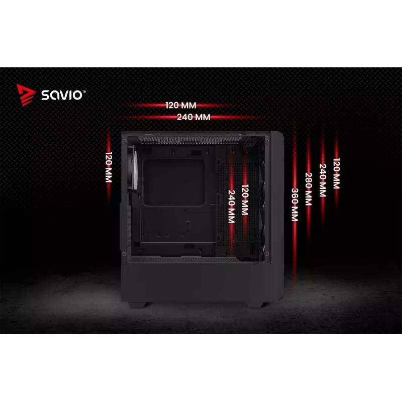 PC korpusas SAVIO Noctis Glass RGB – juodas, ATX/Micro-ATX, 210×410×450 mm, 3×120 mm priekiniai ventiliatoriai