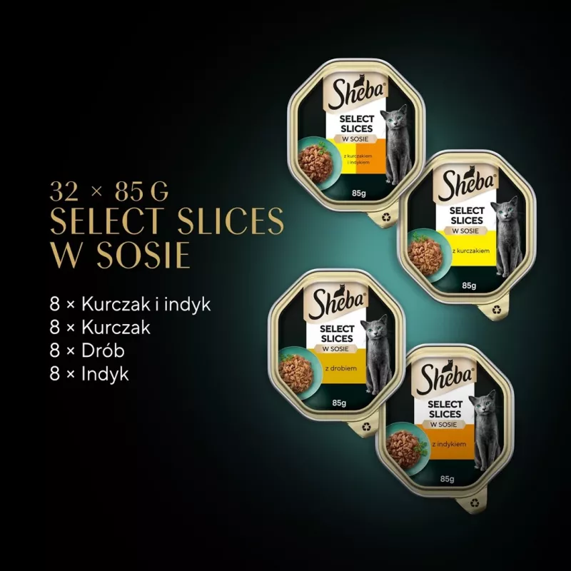 Šlapias kačių maistas Sheba padėkle Padažas Paukštiena (vištiena, kalakutiena) 32 x 85 g padėklas