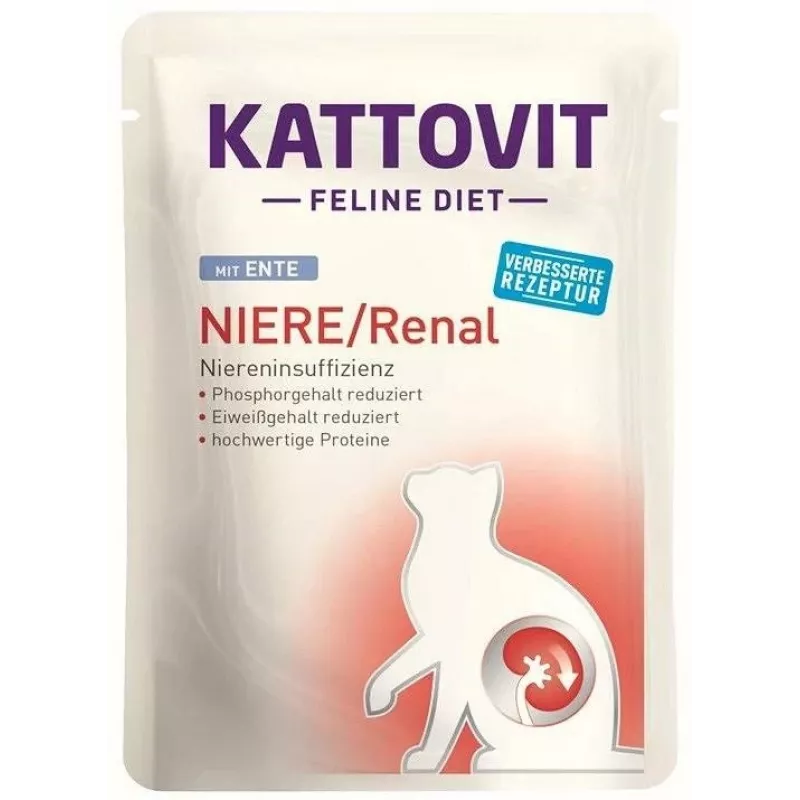 Šlapias kačių ėdalas KATTOVIT Niere/Renal 85 g paketėlis — 12 x 85 g, paukštiena (jautiena, vištiena, antis, kalakutiena) suaugusioms katėms, sergančioms inkstų nepakankamumu