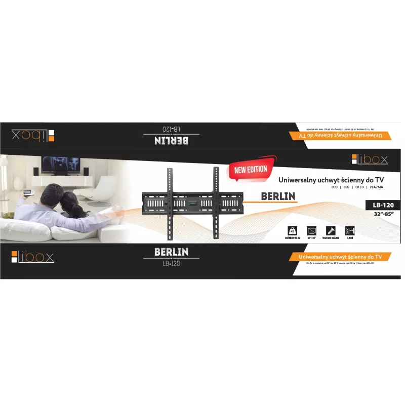 TV sieninis laikiklis LIBOX LB-120 32–85 col. (81,3 cm–2,16 m), iki 55 kg, VESA 200x200–600x400, pakreipiamas, plieninis, juodas