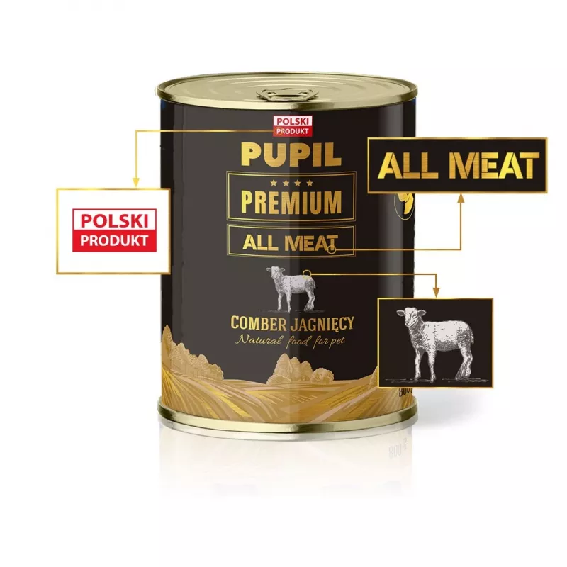 Šlapias šunų ėdalas PUPIL Premium All Meat Gold Sėdynė iš ėrienos - 800g
