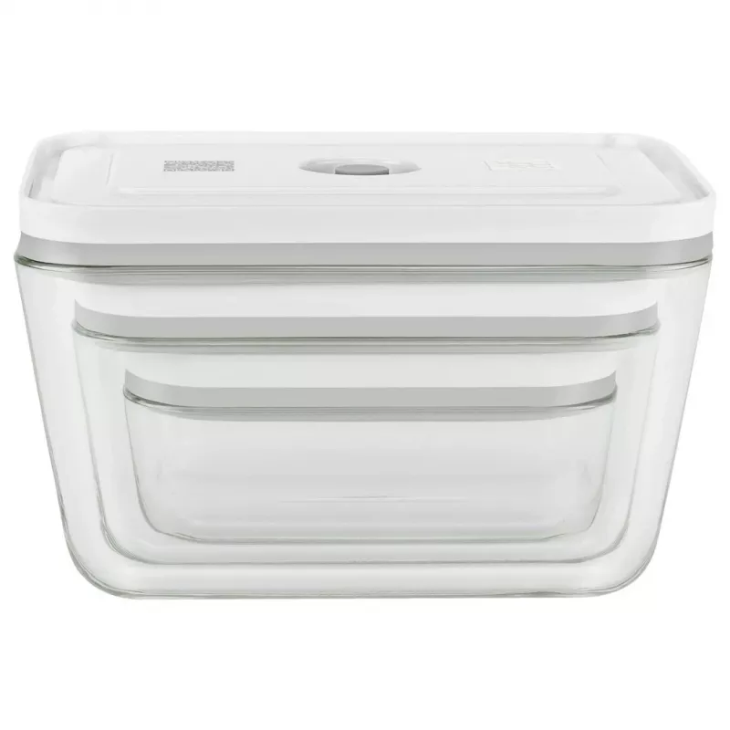 ZWILLING Fresh & Save 36803-003-0 stiklinių vakuuminių konteinerių rinkinys, stačiakampiai, 3 vnt. (S/M/L, 0,35/0,75/1,6 L), borosilikatinis stiklas, tinka mikrobangėje, orkaitėje ir indaplovėje, pilka/skaidru