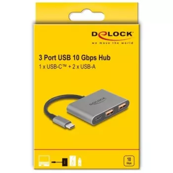 USB šakotuvas DELOCK 64337 — USB 3.2 Gen 2 Type-C jungtis, 3 prievadai (Type-C + 2× Type-A), 10 Gbit/s, pilkas, metalinis korpusas