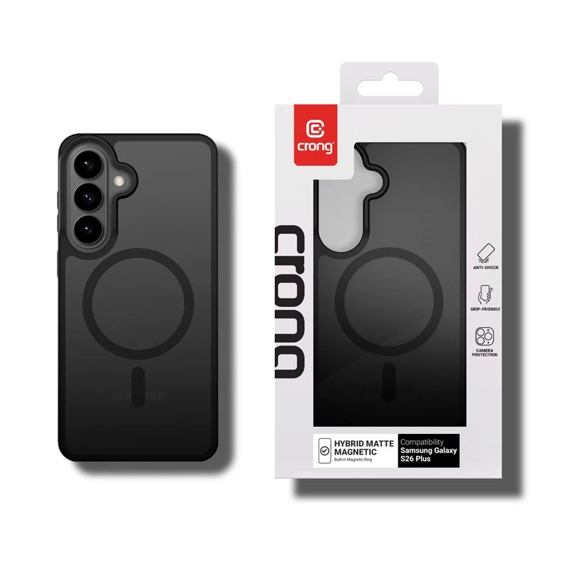 Crong Hybrid Matte Magnetic dėklas Samsung Galaxy S26+ — TPU + PC, juoda