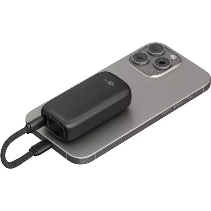 Powerbank 5.000 mAh, integruotas USB-C kabelis 13 cm, 20 W (juodas, 5 Ah, 1x USB-A, 1x USB-C, PD, QC)