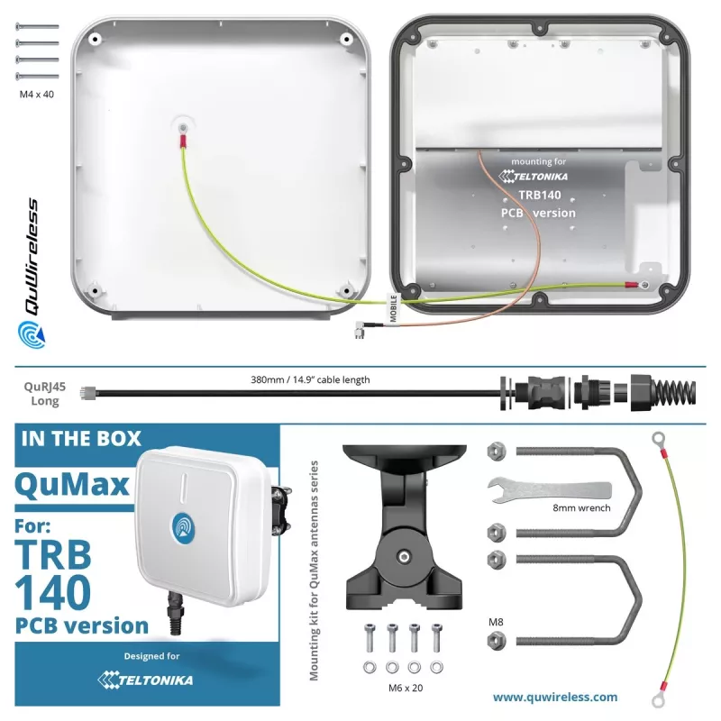 Kryptinė tinklo antena QuWireless QuMax – kryptinė PoE/LAN antena 0,694–2,7 GHz, iki 6 dBi, balta