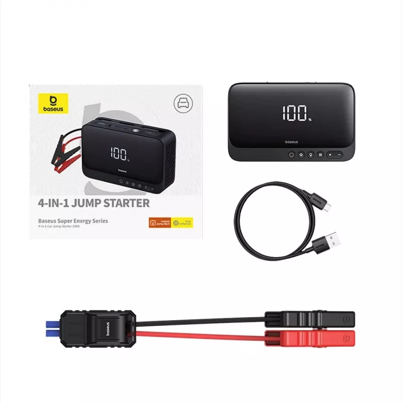Nešiojamas akumuliatorius Baseus Super Energy 6000 mAh – užvedimo starteris, LiPo 6000 mAh, 300 A paleidimo srovė, 150 PSI, įmontuotas ekranas ir žibintuvėlis, USB-C + USB-A, juodas