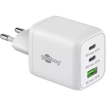 USB-C greitasis įkroviklis Nano, PD, GaN, 65 W (baltas, 1x USB-A, 2x USB-C PD, Charge 3.0)