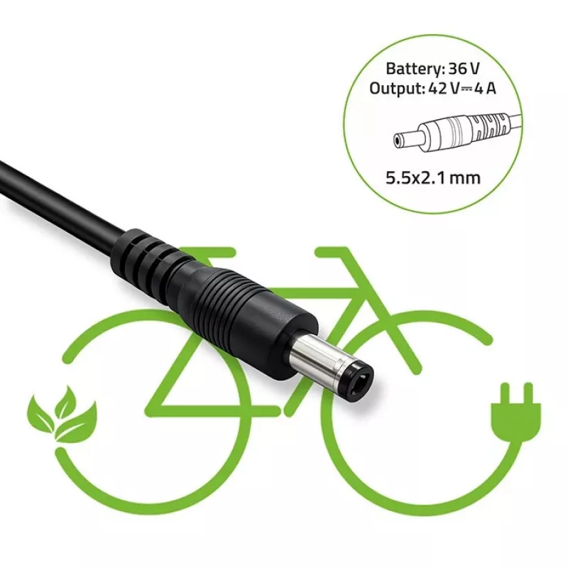 Įkroviklis QOLTEC 36V–42V 4A elektriniam dviračiui, DC kištukas 5,5×2,1 mm