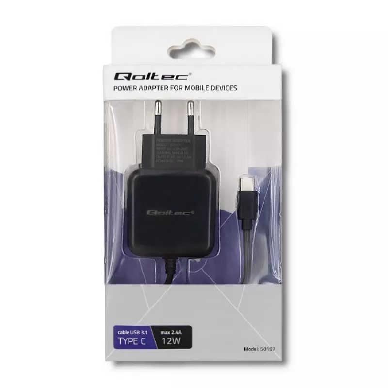 Qoltec 50197 Vidinis įkroviklis su USB Type-C laidu, 5V/2.4A, 12W