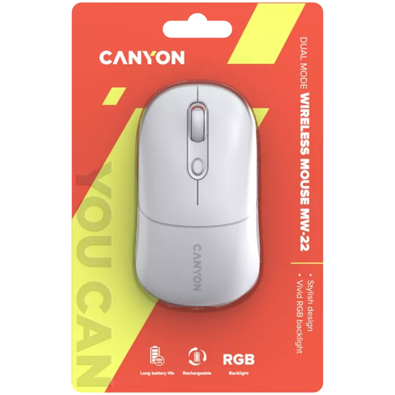Canyon MW-22 CNS-CMSW22SW Pelė – 2 in 1 Bluetooth/2,4GHz – optinė – 800/1200/1600DPI – 4 mygtukai – RGB apšvietimas – įkraunama – Sniego Baltumo