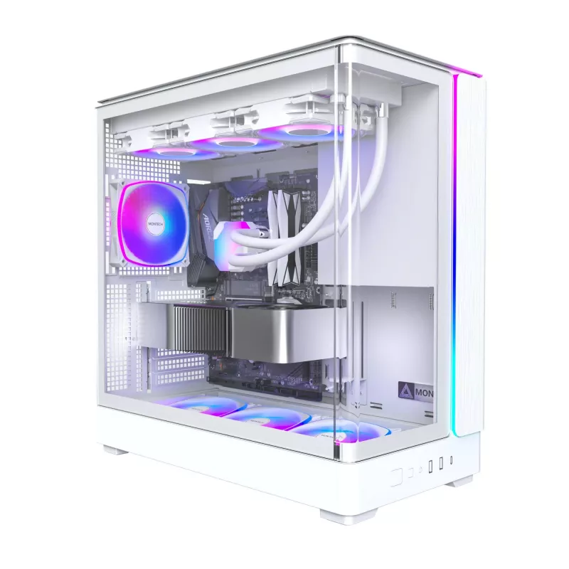 Kompiuterio korpusas Montech KING 45 PRO (W) – balta MIDI bokšto dėžė, skirta Micro ATX / Mini-ITX