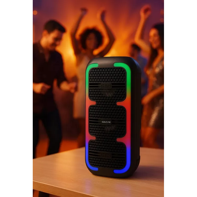 Nešiojamas stereo garsiakalbis SQUEAK SQ1009 – Bluetooth 5.3, 45W RMS, 10h baterija, FM, USB, AUX, LED, 1800 mAh, Juodas