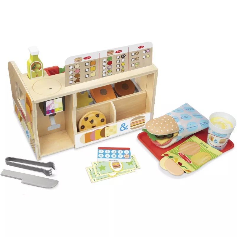 Melissa & Doug Wooden Slice & Stack Sandwich Counter with Deli Slicer – 56 dalių medinė sumuštinių prekystalio žaidimo rinkinys su pjaustykle – FSC sertifikuota