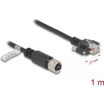 Tinklo kabelis DeLOCK M12 D-koduotas 4 kontaktų moteriškas į RJ45 kištuką Cat.5e 1 m Juodas