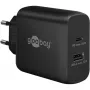 USB-C dvigubas greitas įkroviklis, PD, GaN, 65 W (juodas, 1x USB-C, 1x USB-A, Power Delivery)