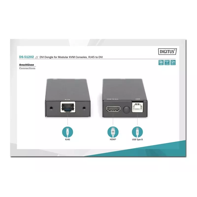 Digitus DS-51202 DVI jungtis moduliniams KVM pultams, RJ45–DVI, USB, iki 60 m, Full HD