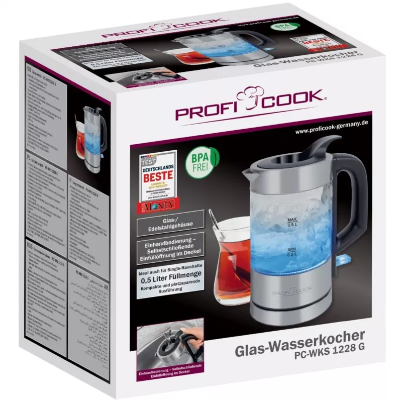 ProfiCook PC-WKS 1228 G elektrinis virdulys 0,5 L 1100 W Nerūdijantis plienas, Skaidrus