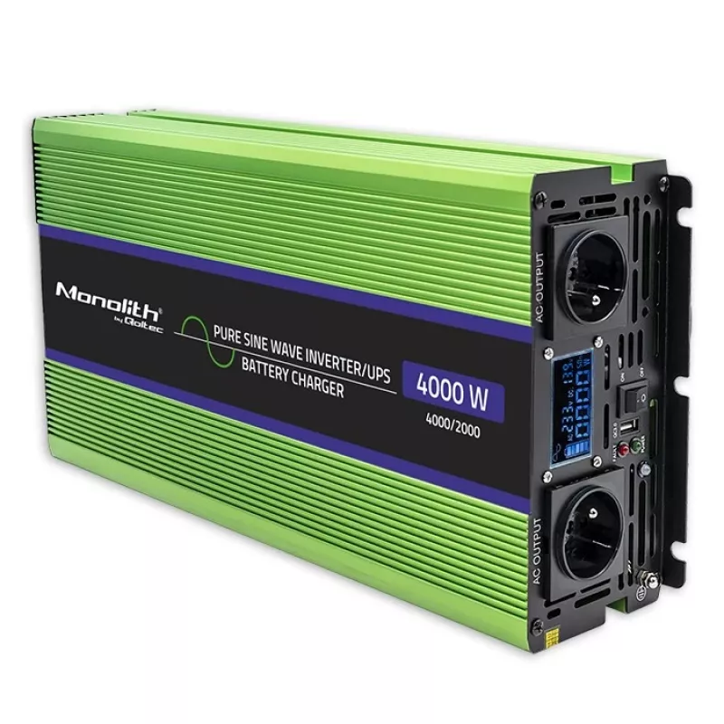 Qoltec Monolith įtampos keitiklis | Baterijos įkrovimas | UPS | 2000W | 4000W | 12V į 230V | Grynas sinusas | LCD juodas-žalias