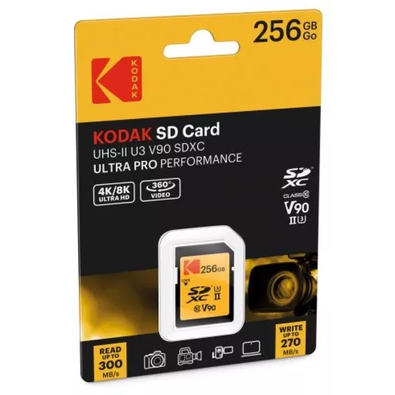 Kodak EKMSD256GUHS2V2K SDXC UHS-II 256 GB atminties kortelė, skaitymas 300 MB/s, rašymas 270 MB/s, U3 V90 Class 10