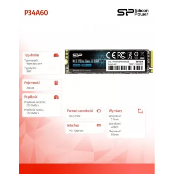 M.2 NVMe SSD Silicon Power P34A60 256 GB – PCIe Gen3x4, 2200/1600 MB/s, M.2 2280